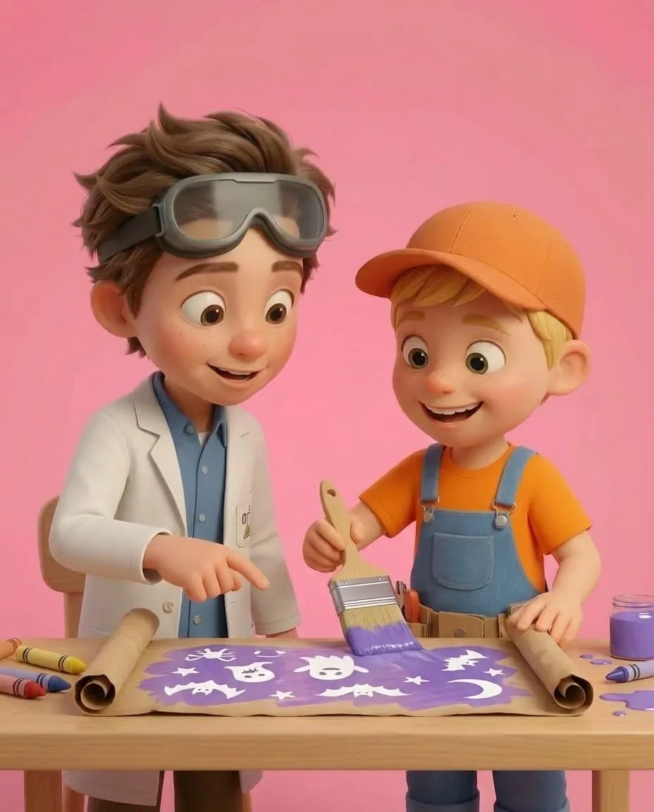 Captain A uses a wide paintbrush dipped in watery purple paint to wash strokes over the entire surface of the brown scroll.