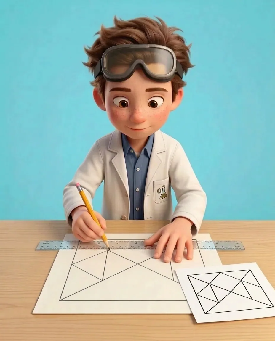 With a printed tangram guide resting alongside the square card, Professor O uses a pencil and ruler to carefully add the remaining inner lines…