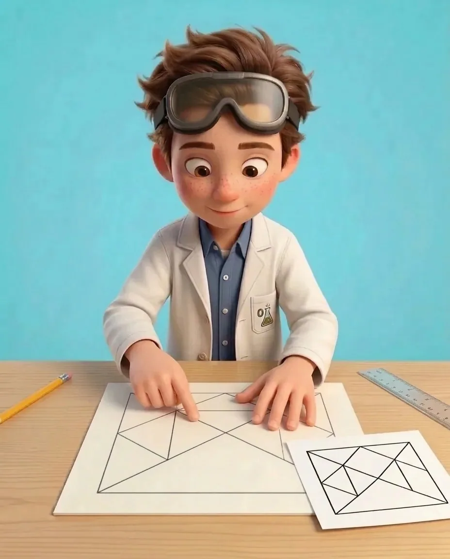 Professor O points a index finger at the marked card to review the drawn grid, which clearly outlines two large triangles, one medium triangle, two…