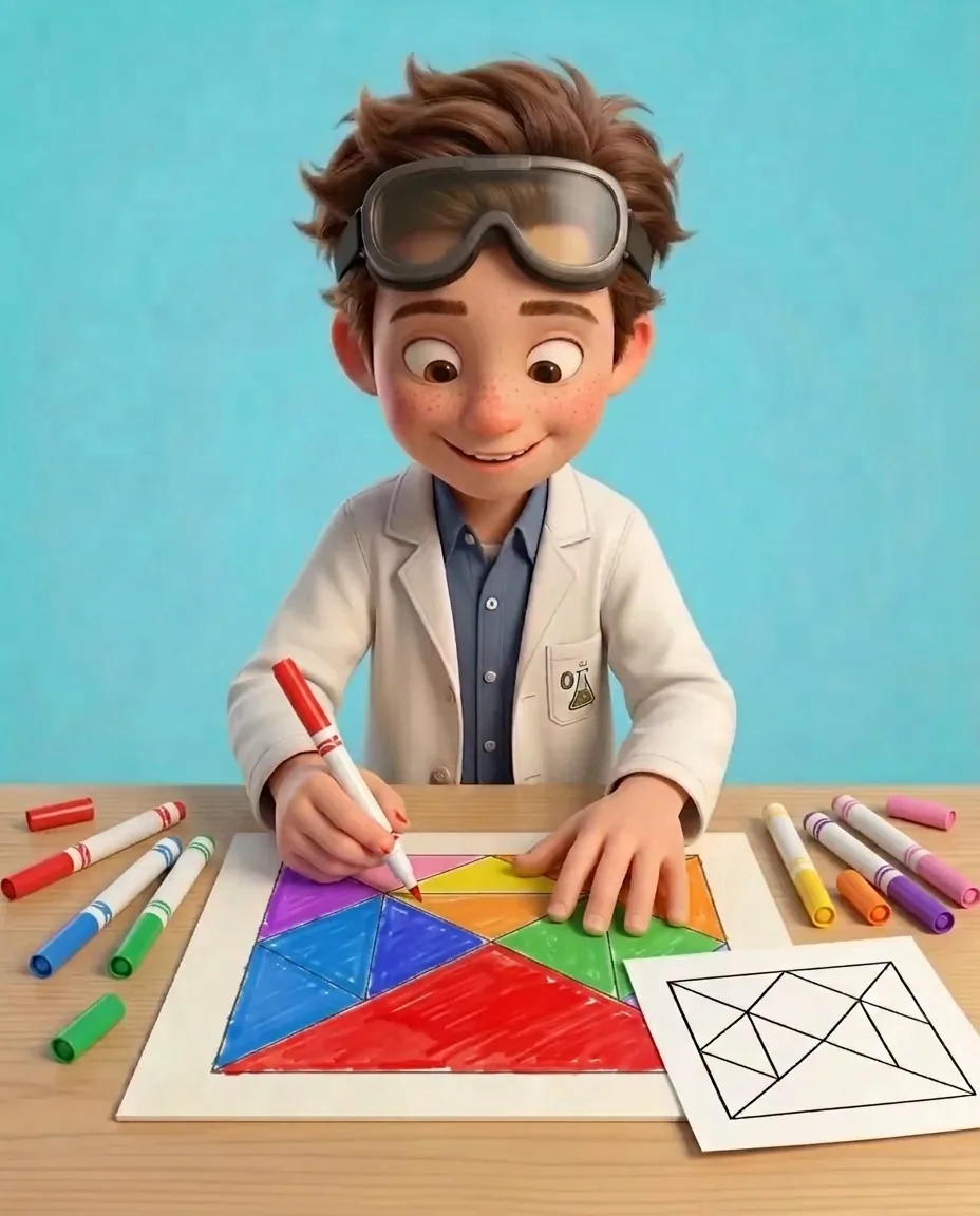 Professor O uses coloured markers to shade each of the seven outlined sections in a distinct color, making the two large triangles red and blue, the…