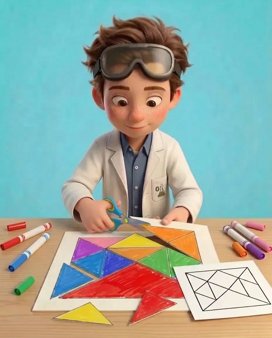 Professor O uses scissors to cut carefully along every pencil line, cleanly separating the coloured card into seven individual geometric puzzle…