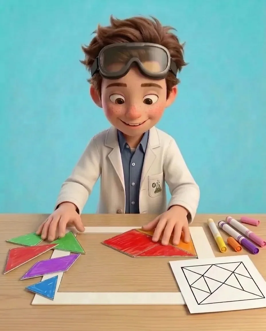 Professor O scrambles the seven colourful cutout shapes into a loose pile, then begins fitting the flat edges together to rebuild the original large…