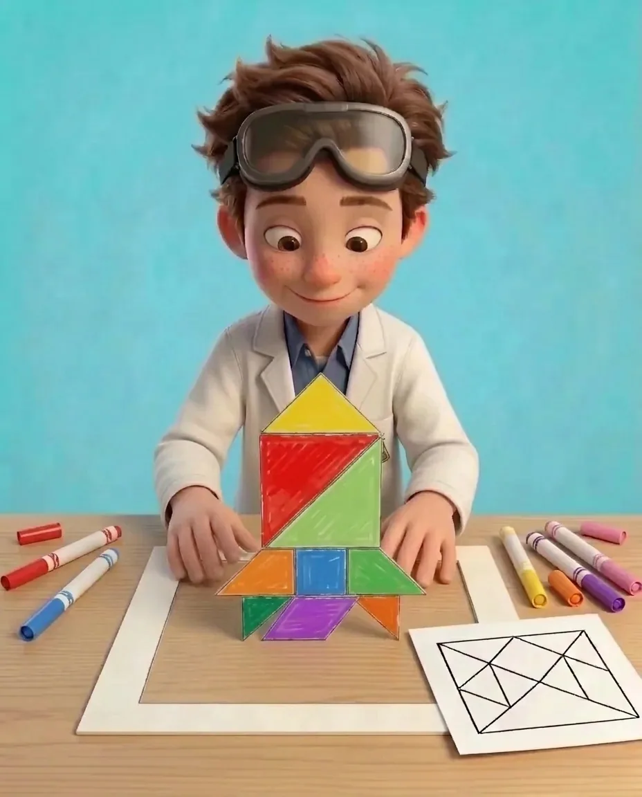 Professor O arranges the seven colourful tangram pieces into the shape of a rocket ship, placing two large triangles together for the body, the…