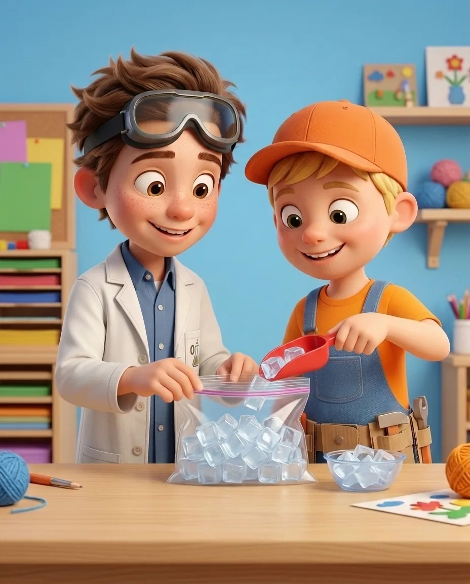 In a bright cozy craft room with a sky blue background wall, Professor O, a friendly 9-year-old boy scientist, fair skin with a few light freckles…