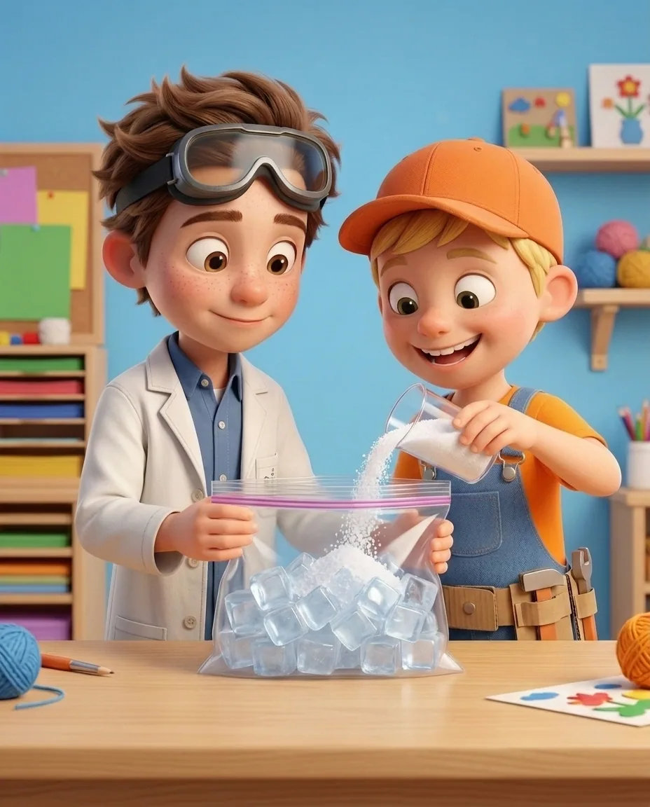 In a bright cozy craft room with a sky blue background wall, Professor O, a friendly 9-year-old boy scientist, fair skin with a few light freckles…