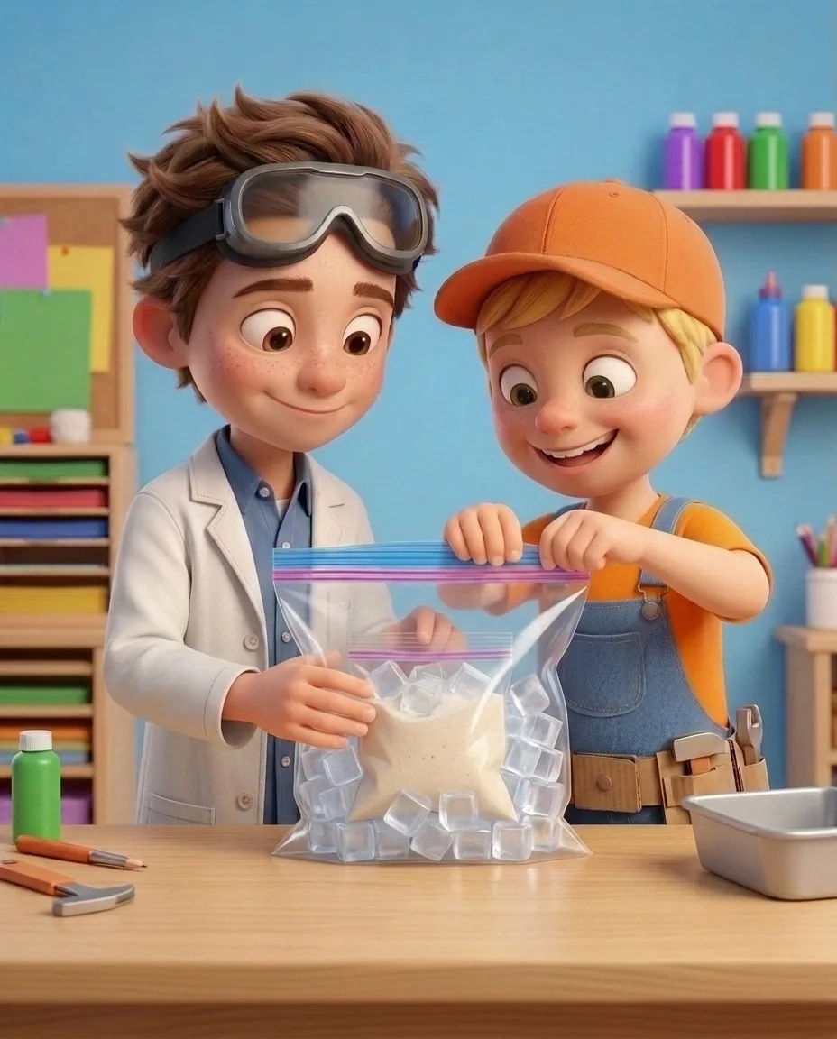 In a bright cozy craft room with a sky blue background wall, Professor O, a friendly 9-year-old boy scientist, fair skin with a few light freckles…