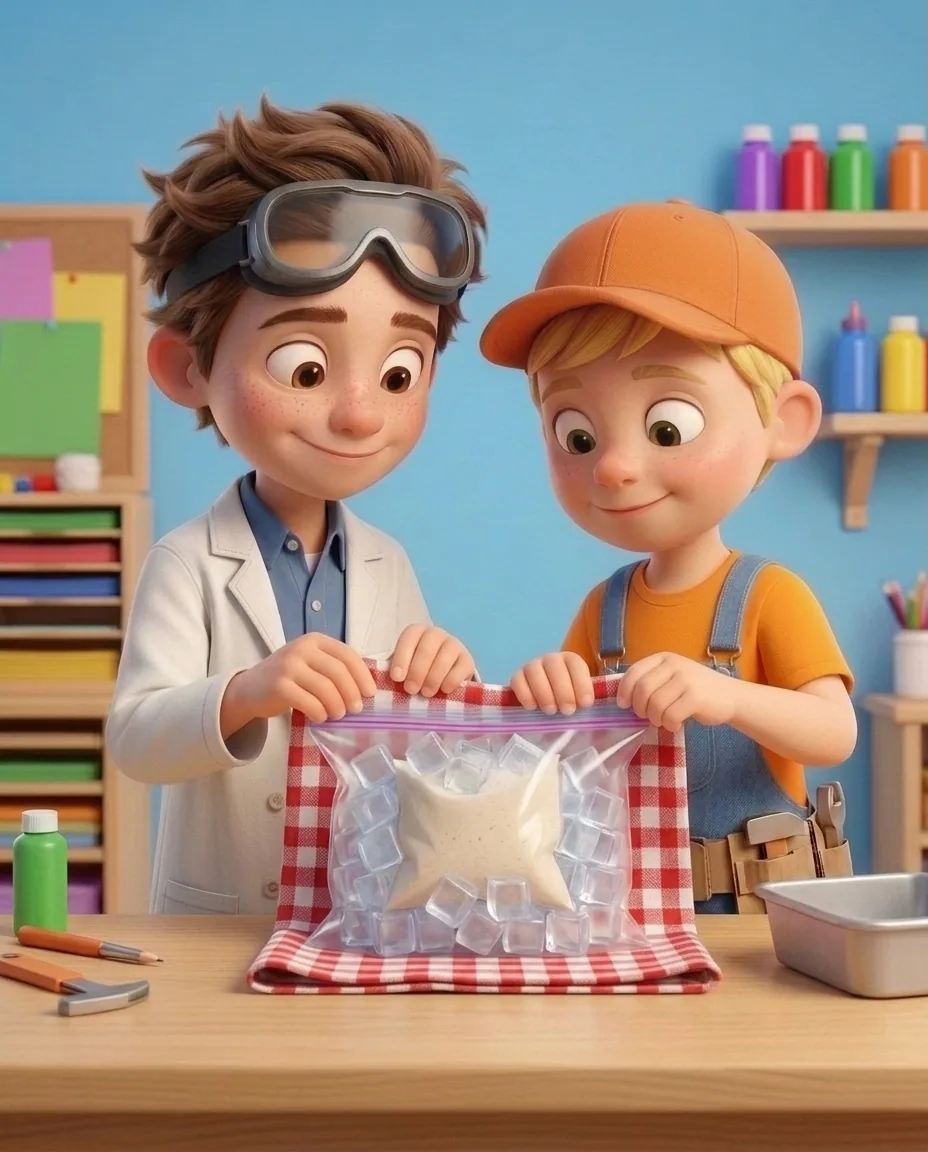 In a bright cozy craft room with a sky blue background wall, Professor O, a friendly 9-year-old boy scientist, fair skin with a few light freckles…
