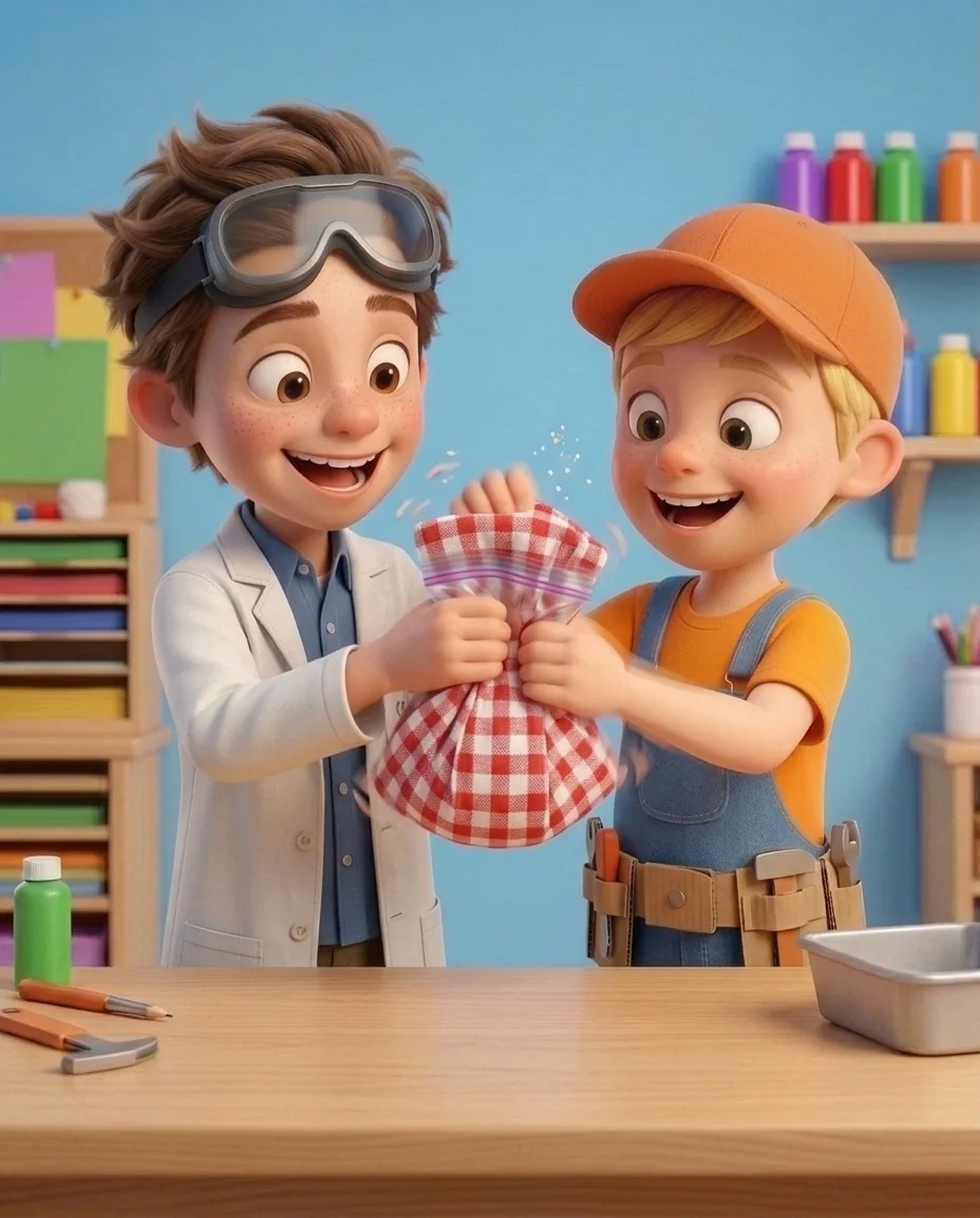 In a bright cozy craft room with a sky blue background wall, Professor O, a friendly 9-year-old boy scientist, fair skin with a few light freckles…