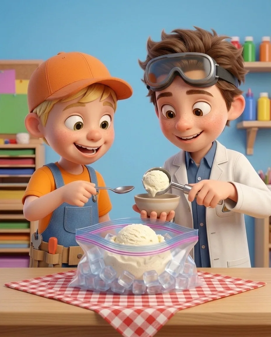 In a bright cozy craft room with a sky blue background wall, on a light wooden table, the small bag is open showing freshly frozen thick ice cream…
