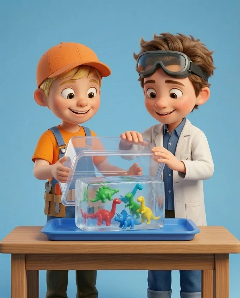 At the wooden craft table against a sky blue background, Professor O, a friendly 9-year-old boy scientist, fair skin with a few light freckles…