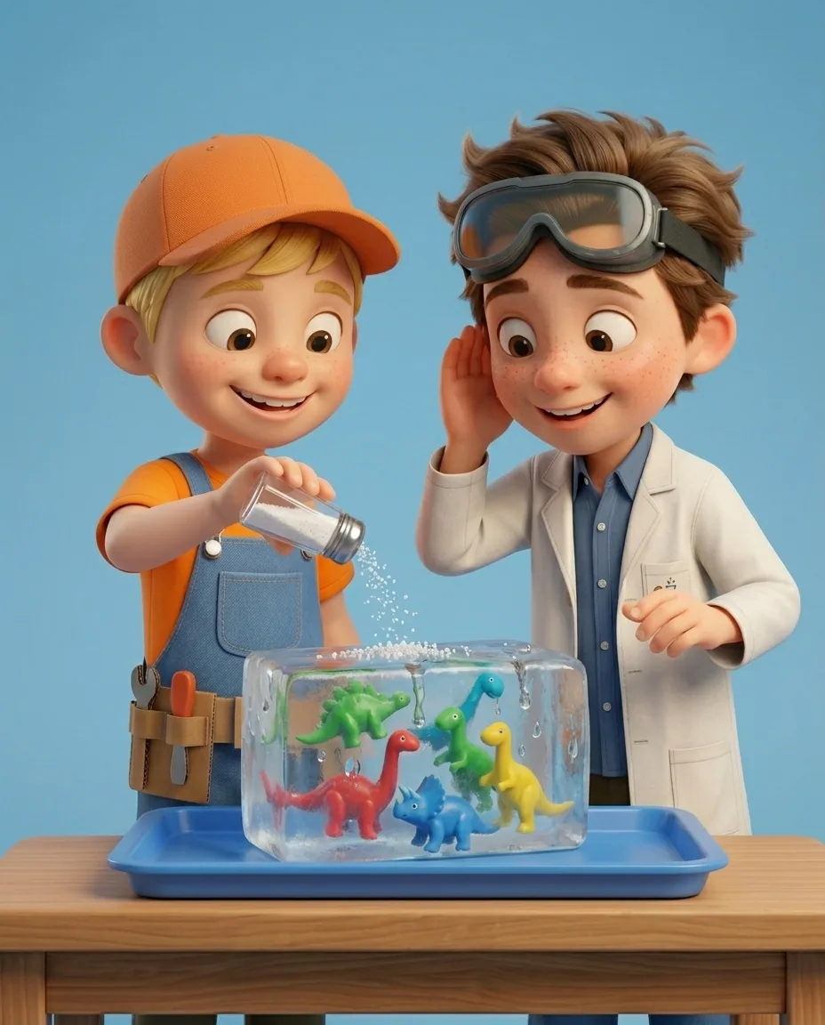 At the wooden craft table against a sky blue background, Captain A, a cheerful energetic 6-year-old boy maker with a big grin, short blonde hair…