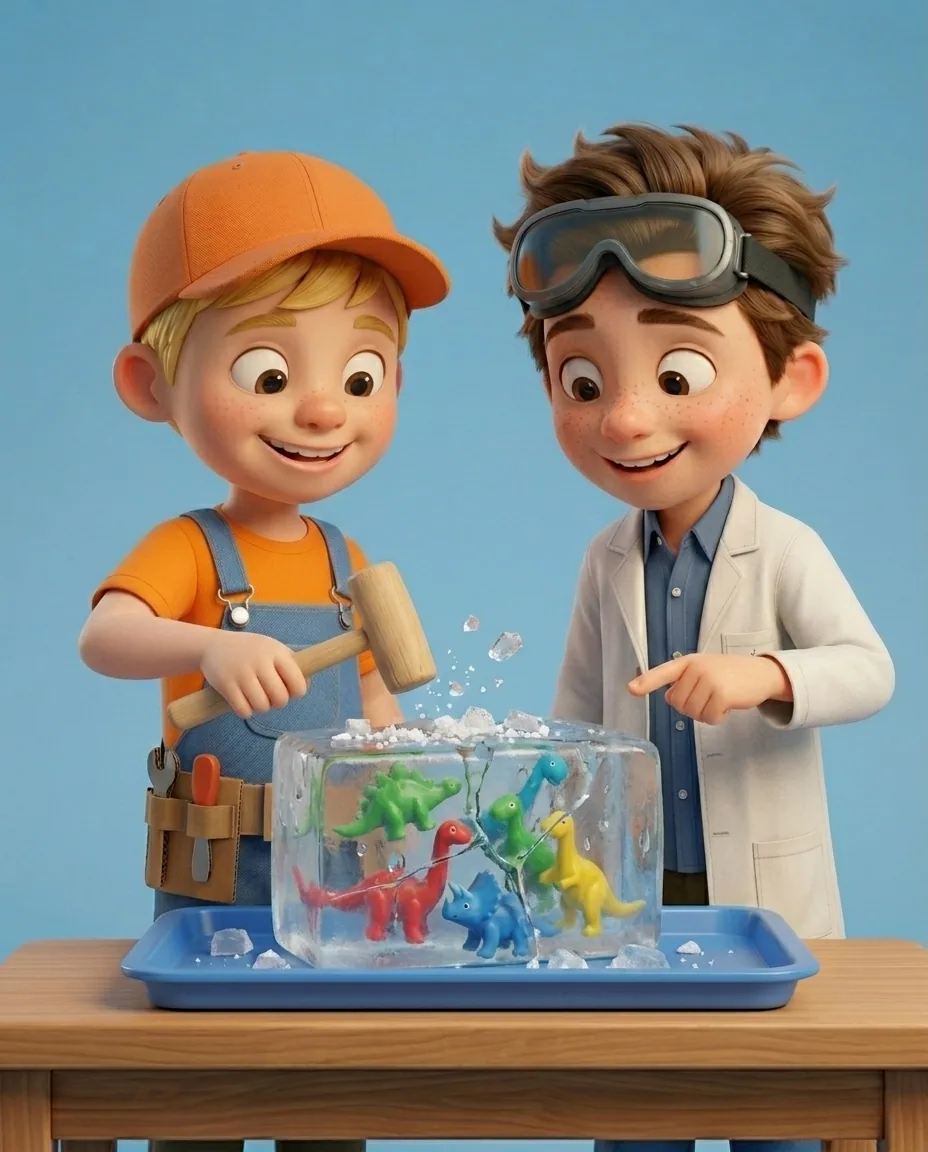 At the wooden craft table against a sky blue background, Captain A, a cheerful energetic 6-year-old boy maker with a big grin, short blonde hair…