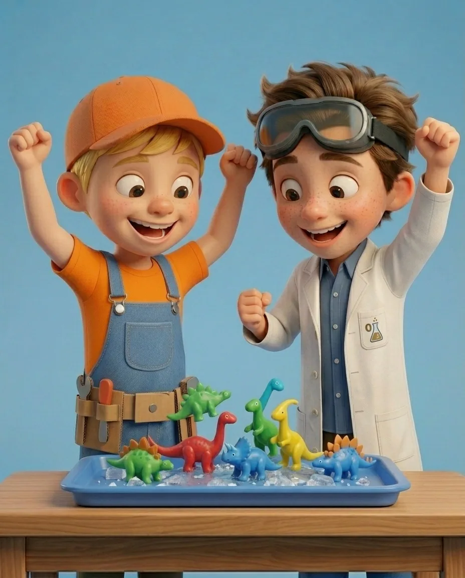 At the wooden craft table against a sky blue background, Professor O, a friendly 9-year-old boy scientist, fair skin with a few light freckles…