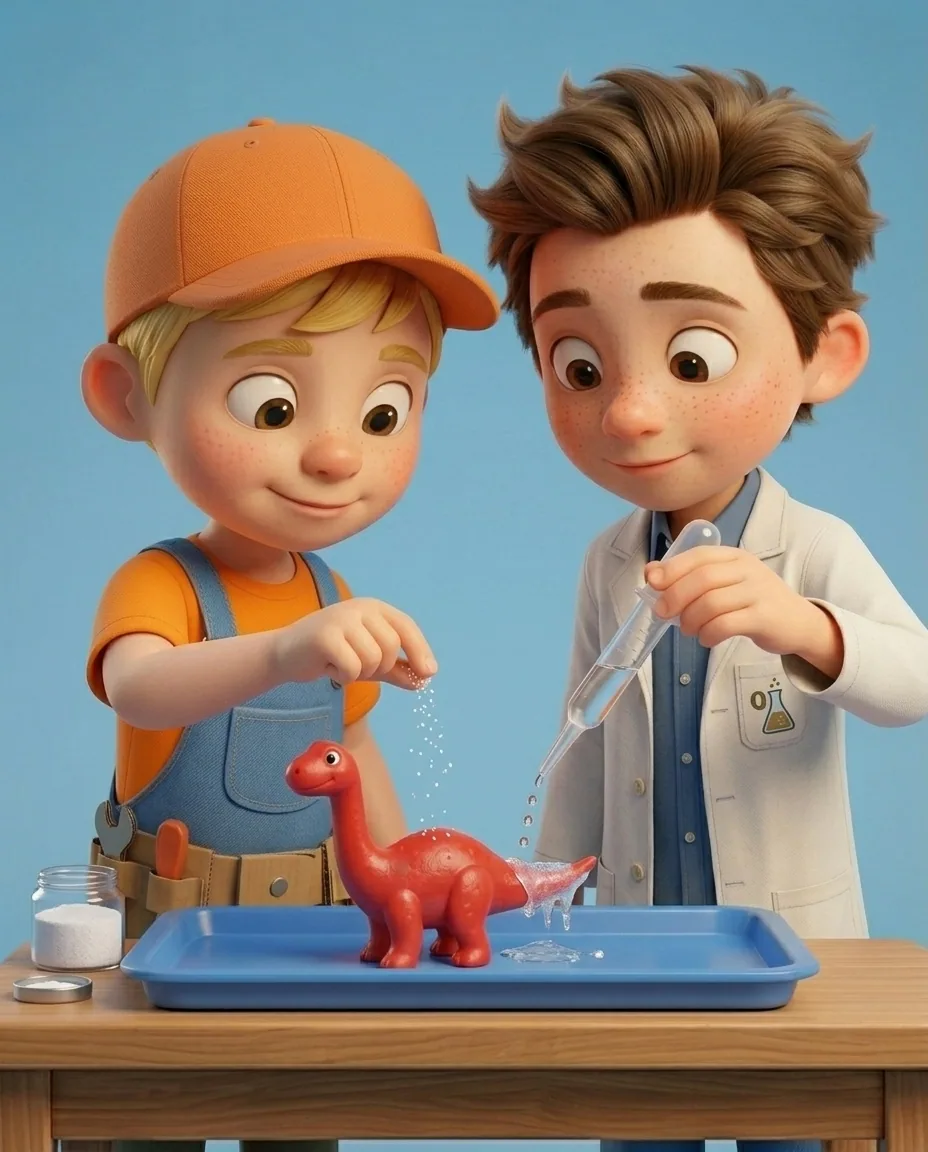 At the wooden craft table against a sky blue background, Professor O, a friendly 9-year-old boy scientist, fair skin with a few light freckles…