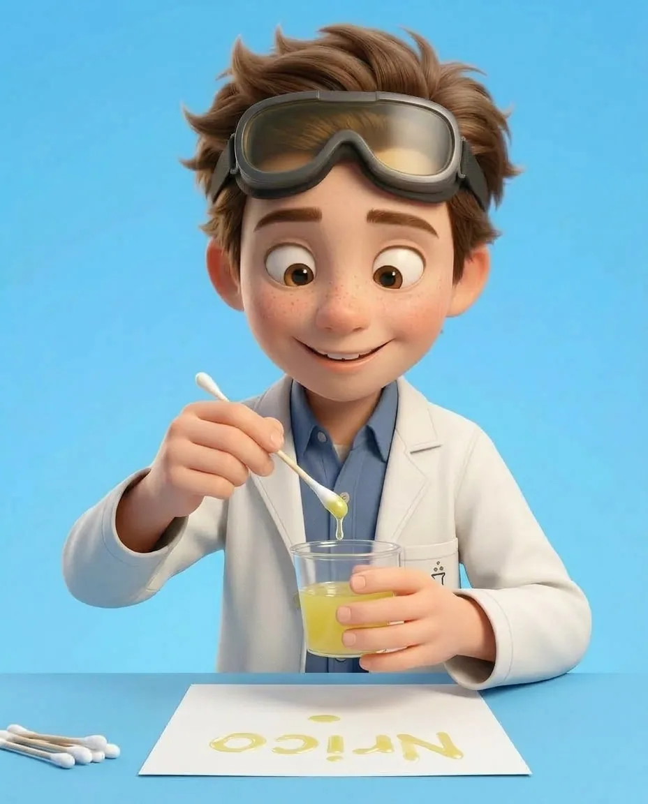 Professor O, a friendly 9-year-old boy scientist, fair skin with a few light freckles, tousled brown hair, with a pair of goggles pushed up on his…