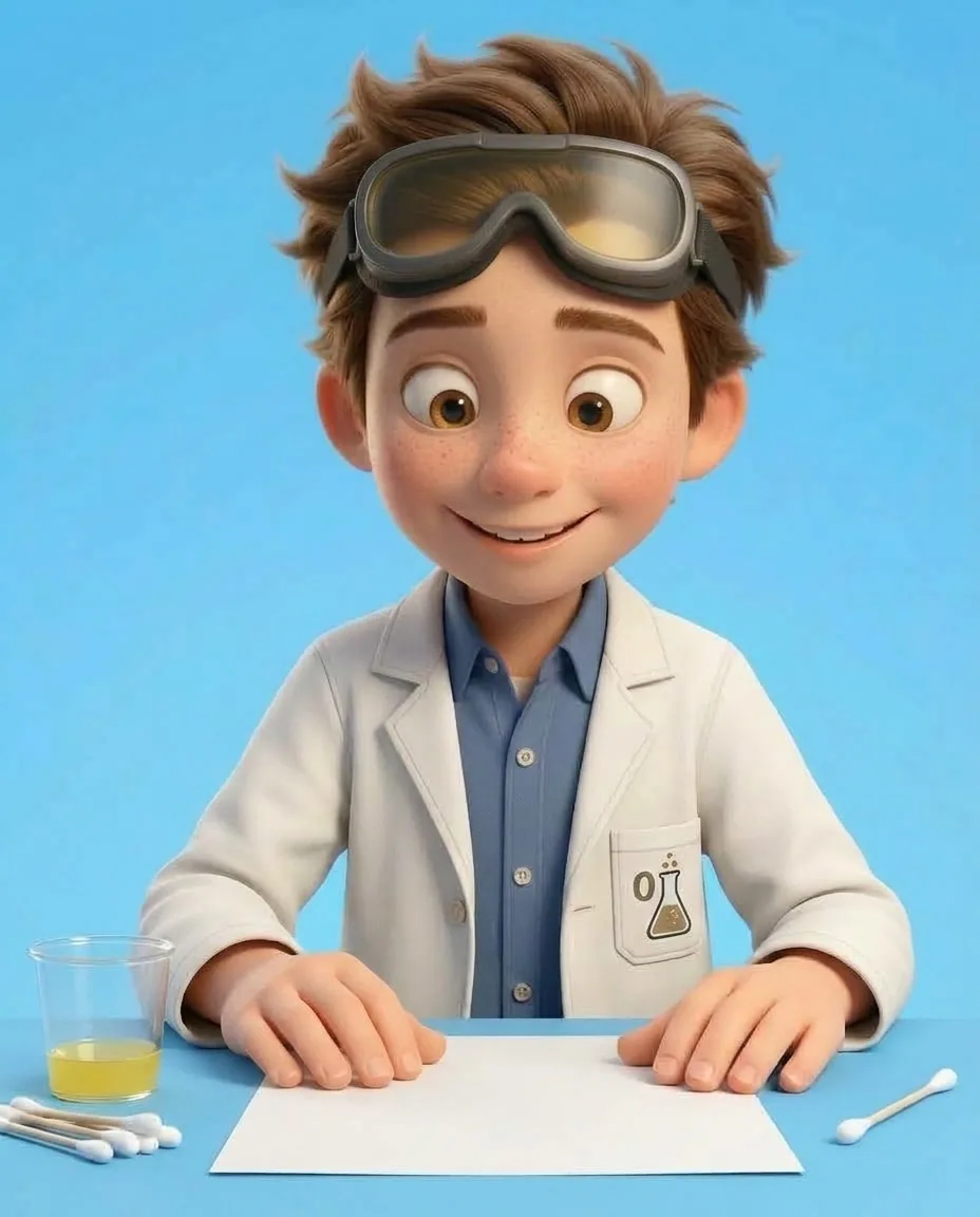 Professor O, a friendly 9-year-old boy scientist, fair skin with a few light freckles, tousled brown hair, with a pair of goggles pushed up on his…