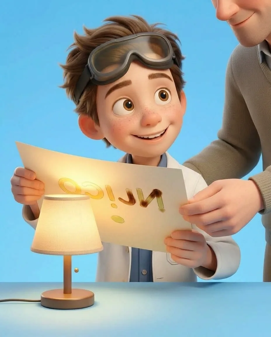 Professor O, a friendly 9-year-old boy scientist, fair skin with a few light freckles, tousled brown hair, with a pair of goggles pushed up on his…