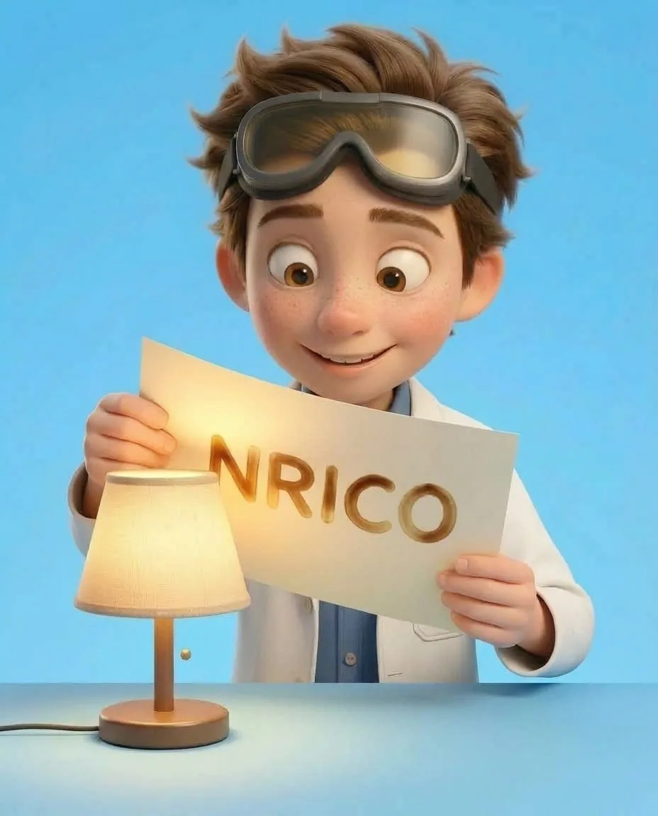 Professor O, a friendly 9-year-old boy scientist, fair skin with a few light freckles, tousled brown hair, with a pair of goggles pushed up on his…