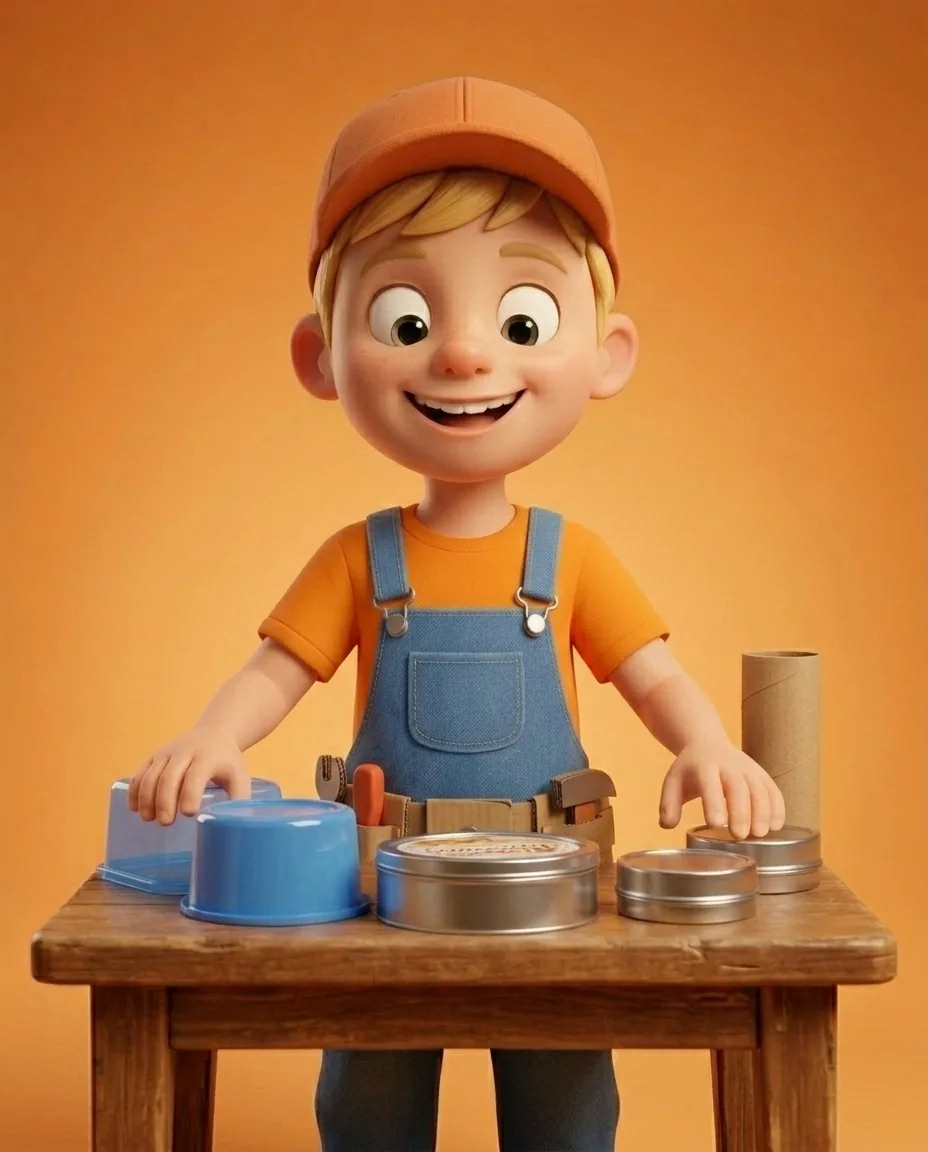 Captain A, a cheerful energetic 6-year-old boy maker with a big grin, short blonde hair under an orange builder's cap, a bright orange t-shirt under…