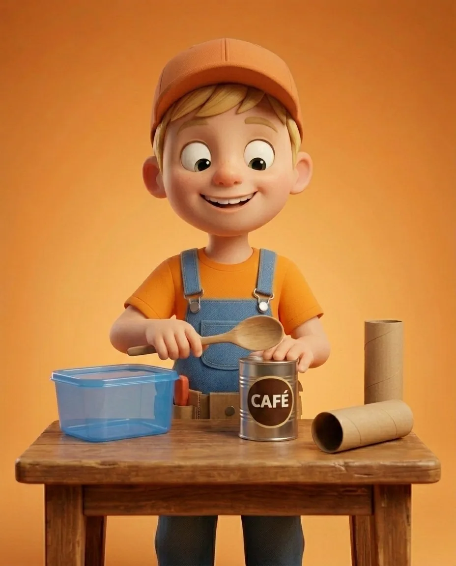 Captain A, a cheerful energetic 6-year-old boy maker with a big grin, short blonde hair under an orange builder's cap, a bright orange t-shirt under…