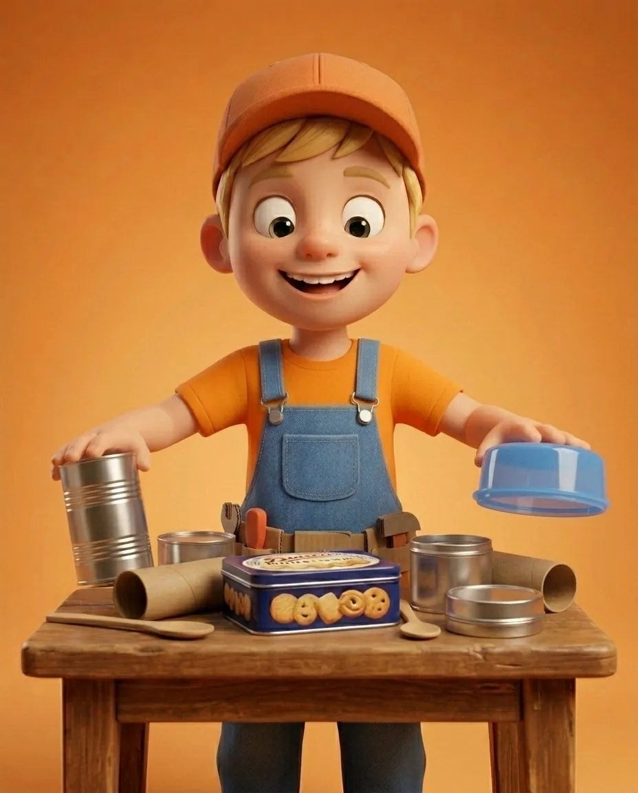 Captain A, a cheerful energetic 6-year-old boy maker with a big grin, short blonde hair under an orange builder's cap, a bright orange t-shirt under…