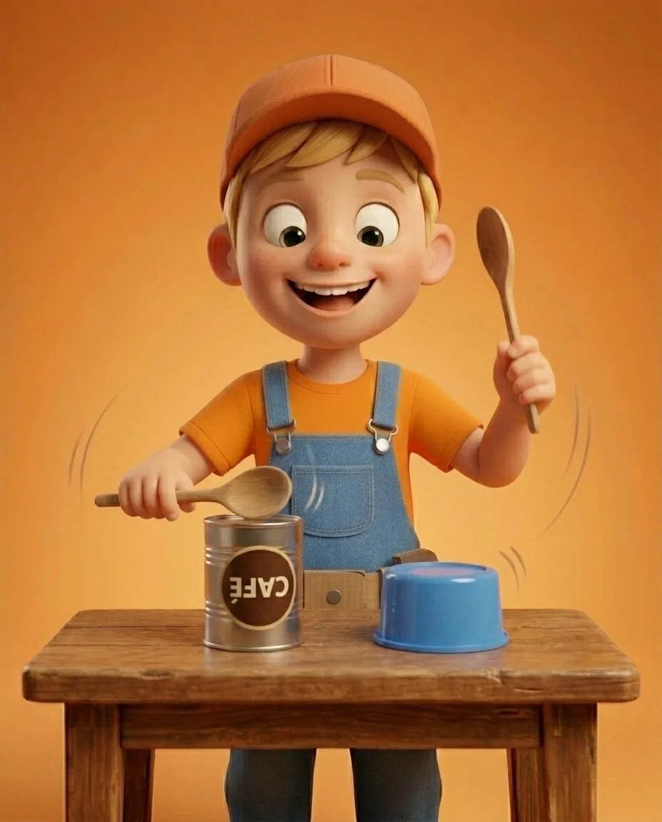Captain A, a cheerful energetic 6-year-old boy maker with a big grin, short blonde hair under an orange builder's cap, a bright orange t-shirt under…