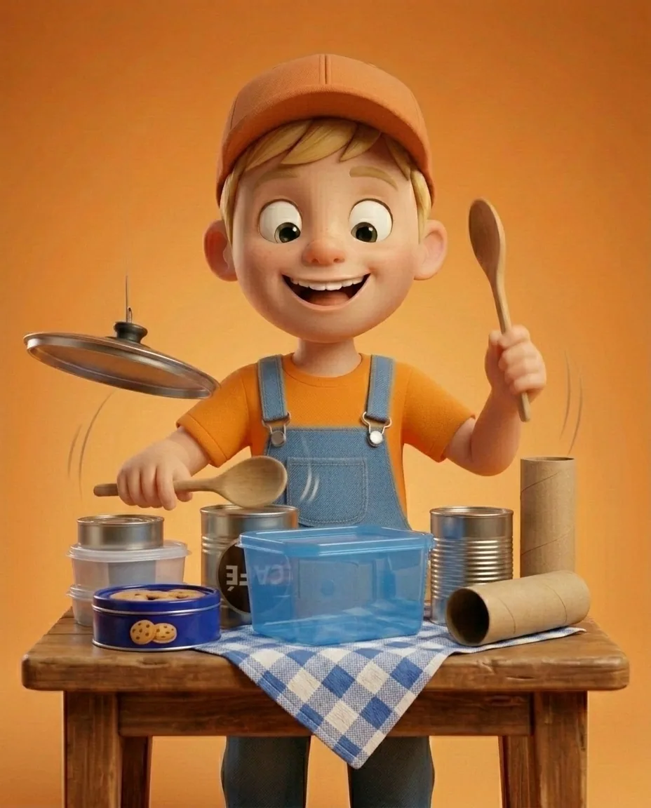Captain A, a cheerful energetic 6-year-old boy maker with a big grin, short blonde hair under an orange builder's cap, a bright orange t-shirt under…
