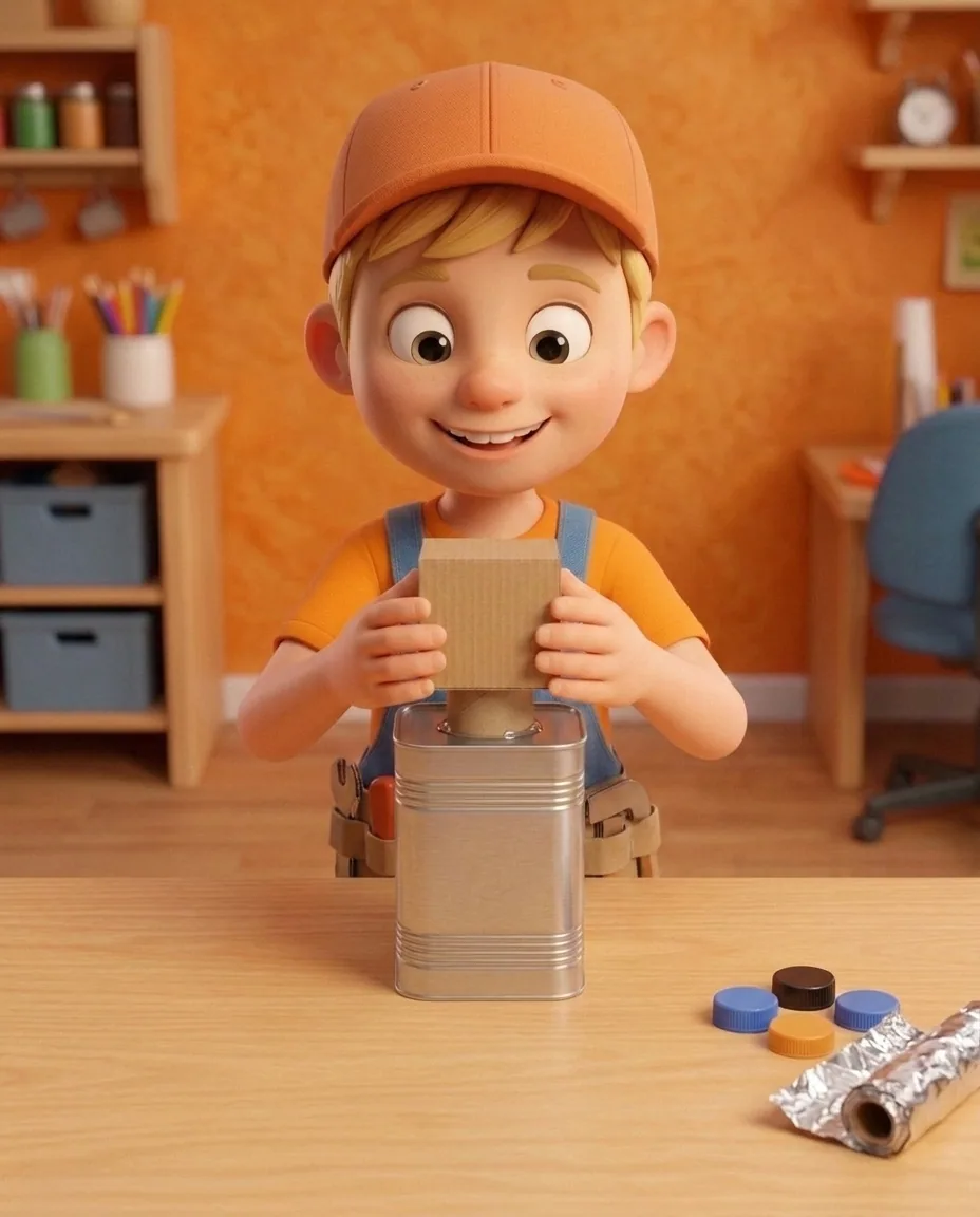 In a brightly lit cozy craft room with a warm orange background wall and a smooth light wooden craft table, Captain A, a cheerful energetic…