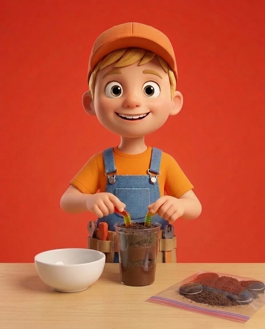 Captain A, a cheerful energetic 6-year-old boy maker with a big grin, short blonde hair under an orange builder's cap, a bright orange t-shirt under…