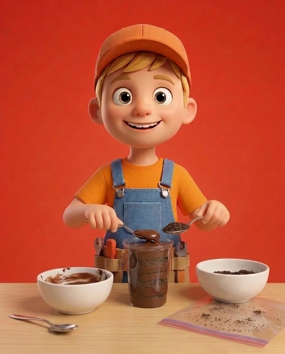 Captain A, a cheerful energetic 6-year-old boy maker with a big grin, short blonde hair under an orange builder's cap, a bright orange t-shirt under…