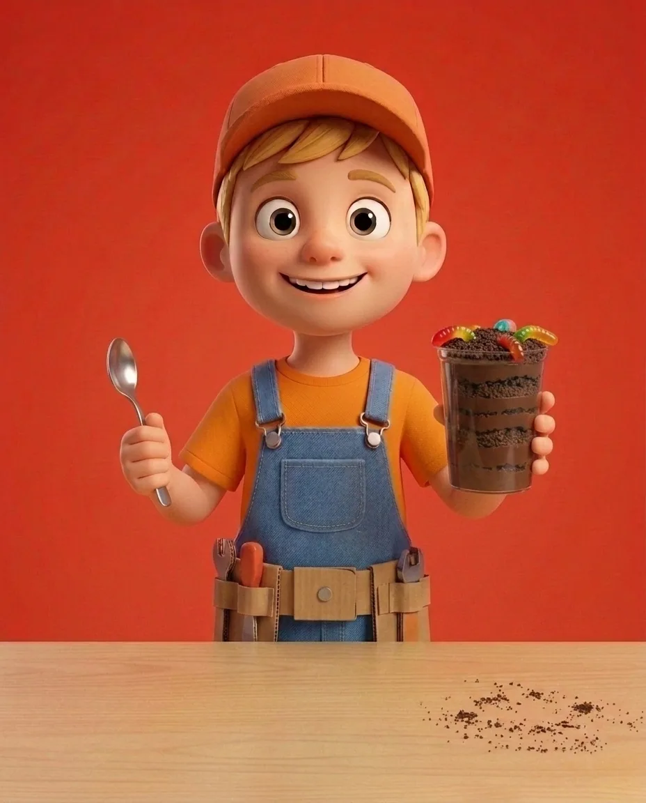 Captain A, a cheerful energetic 6-year-old boy maker with a big grin, short blonde hair under an orange builder's cap, a bright orange t-shirt under…