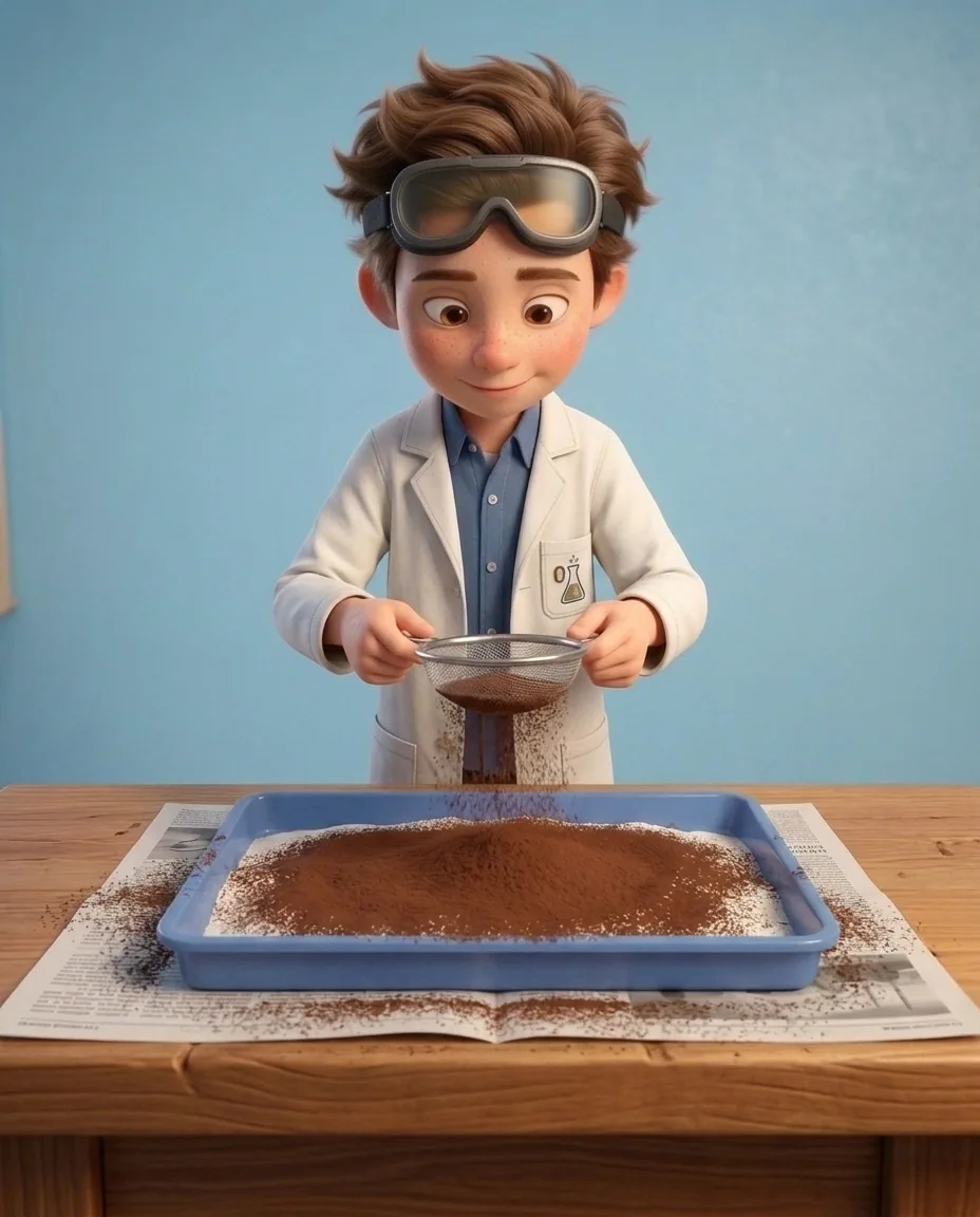 Professor O, a friendly 9-year-old boy scientist, fair skin with a few light freckles, tousled brown hair, with a pair of goggles pushed up on his…
