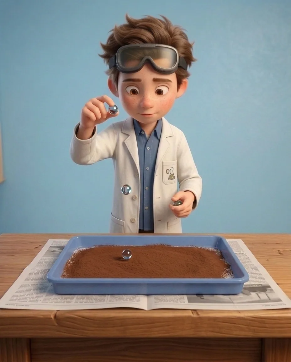 Professor O, a friendly 9-year-old boy scientist, fair skin with a few light freckles, tousled brown hair, with a pair of goggles pushed up on his…