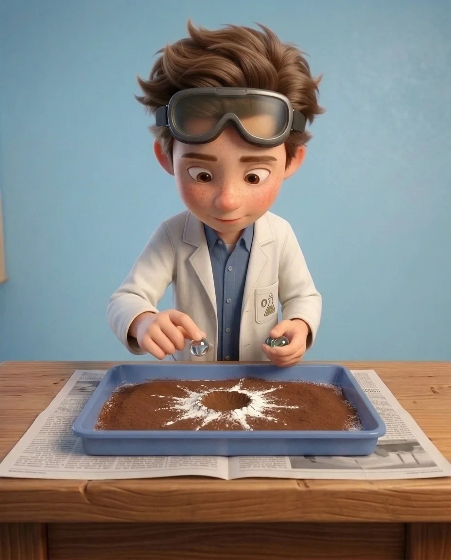 Professor O, a friendly 9-year-old boy scientist, fair skin with a few light freckles, tousled brown hair, with a pair of goggles pushed up on his…