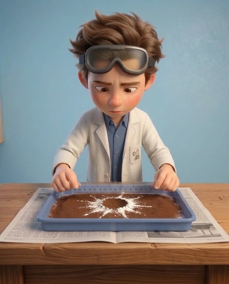 Professor O, a friendly 9-year-old boy scientist, fair skin with a few light freckles, tousled brown hair, with a pair of goggles pushed up on his…