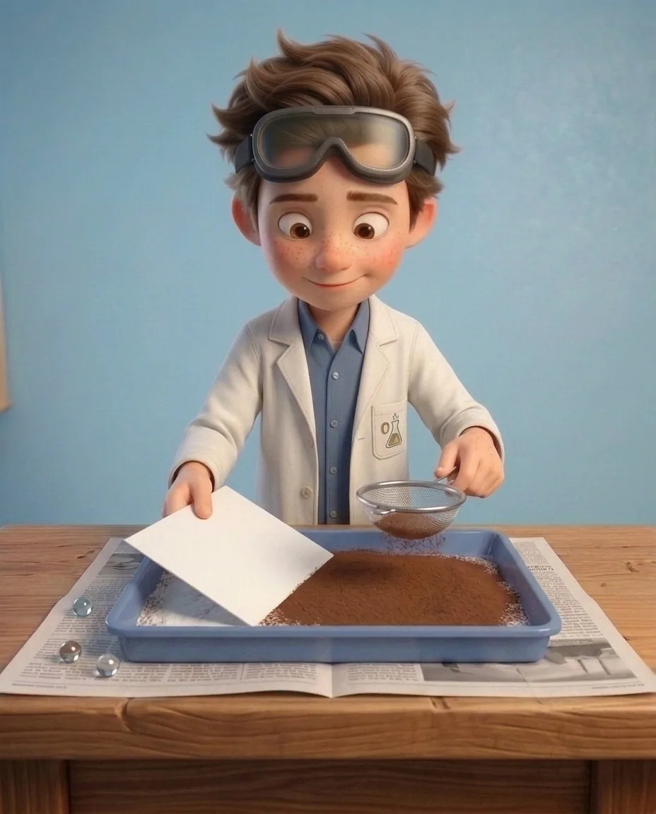 Professor O, a friendly 9-year-old boy scientist, fair skin with a few light freckles, tousled brown hair, with a pair of goggles pushed up on his…