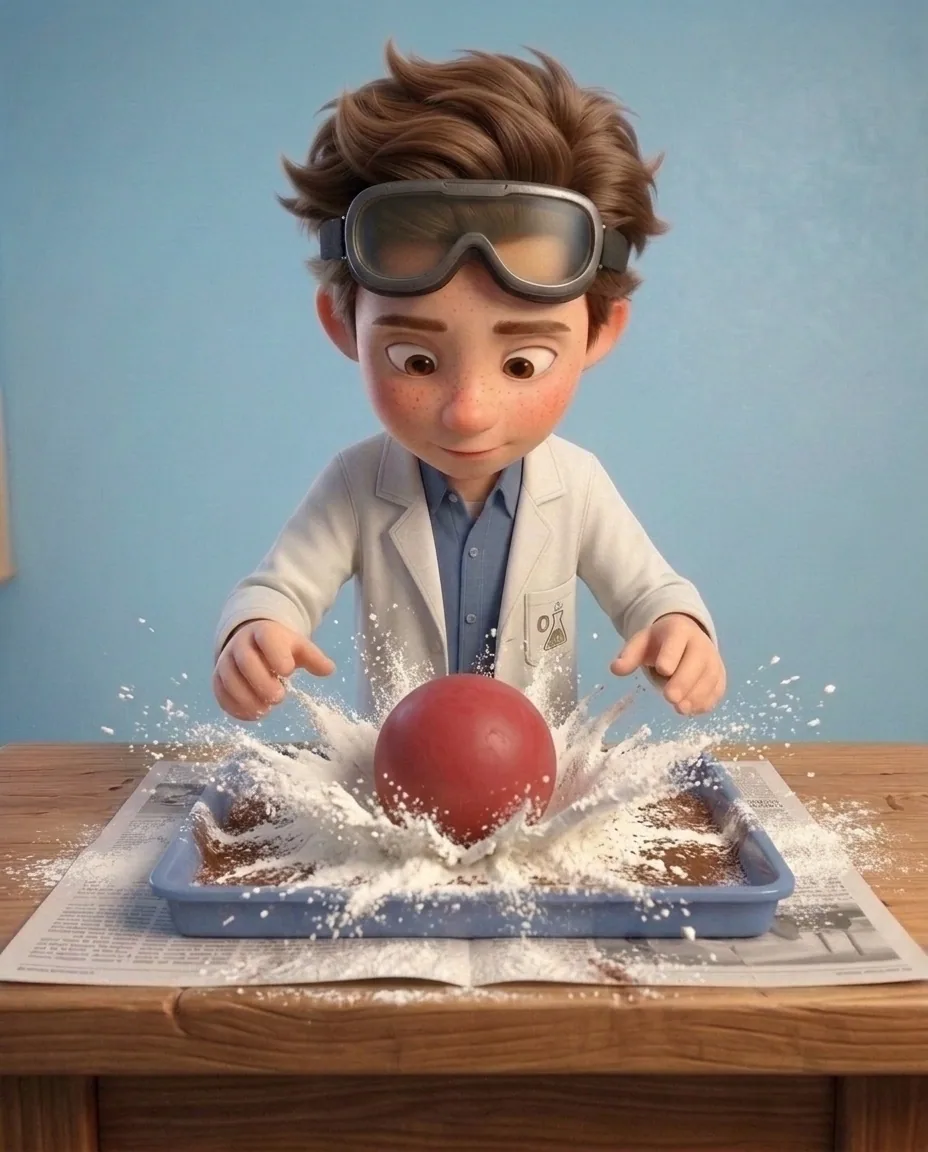 Professor O, a friendly 9-year-old boy scientist, fair skin with a few light freckles, tousled brown hair, with a pair of goggles pushed up on his…