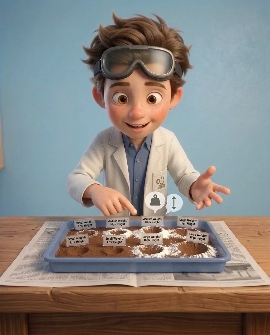 Professor O, a friendly 9-year-old boy scientist, fair skin with a few light freckles, tousled brown hair, with a pair of goggles pushed up on his…