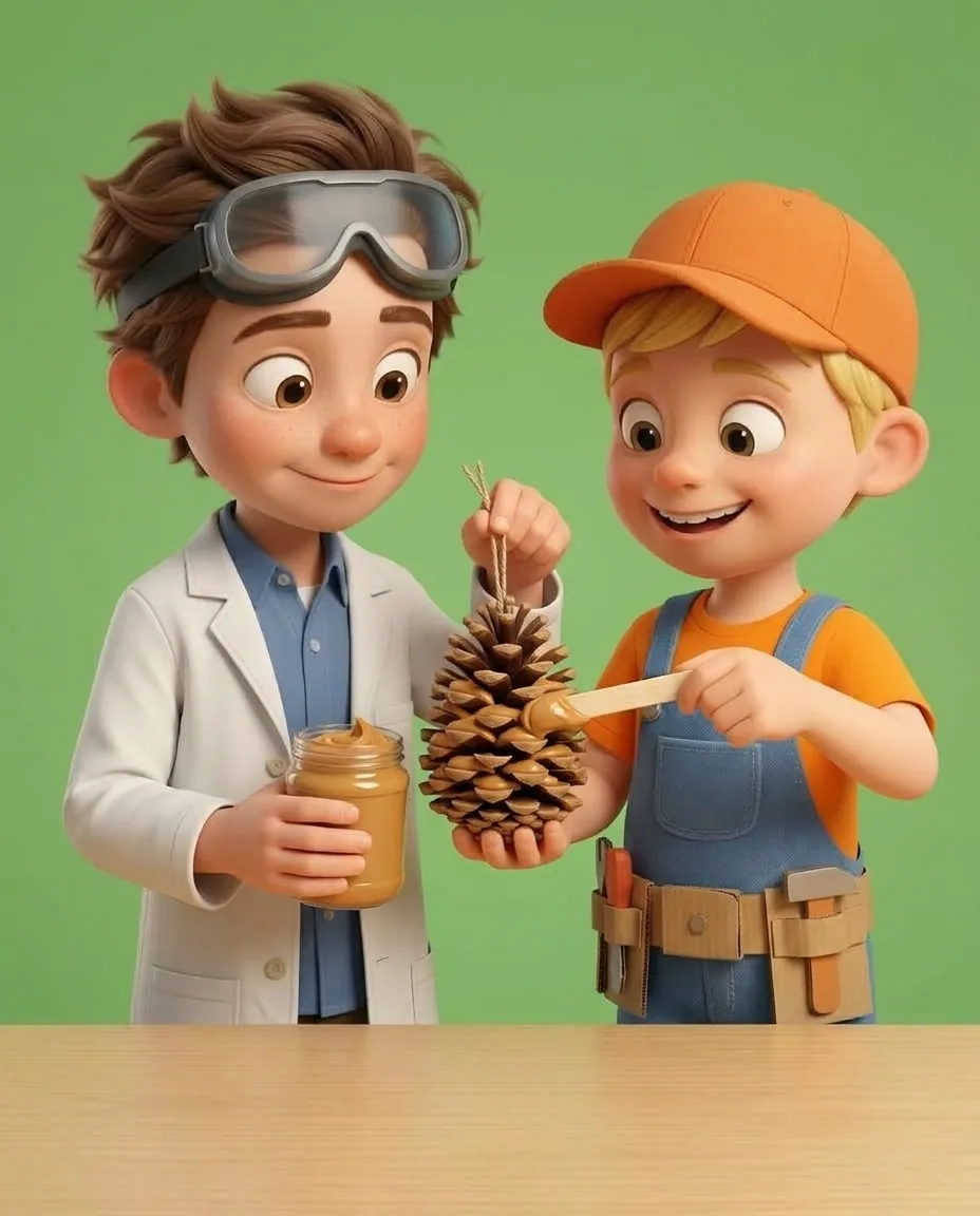 Professor O holds the pinecone by its top string while Captain A uses a wooden lolly stick to scoop thick peanut butter and spread it generously…