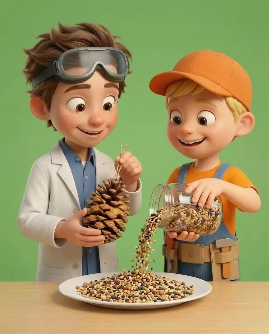 Captain A carefully pours a thick, even layer of mixed bird seed from a container onto a flat white plate.