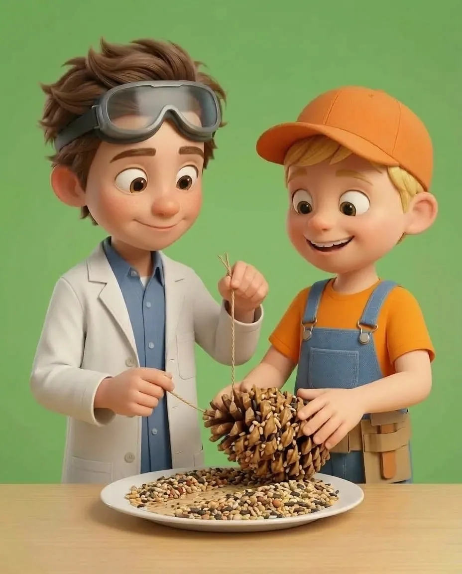 Professor O holds the string while Captain A rolls the sticky peanut-butter-coated pinecone across the bed of seeds on the plate, pressing down…