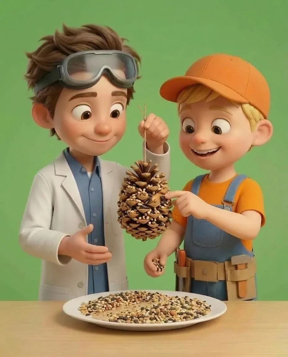 Captain A uses fingertips to pinch extra bird seeds from the plate and press them firmly into a few remaining bare peanut butter patches.