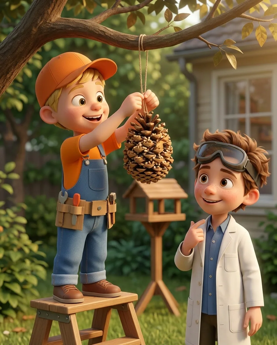 Captain A reaches up and ties the string of the seed-covered pinecone around a sturdy brown tree branch so it hangs suspended.