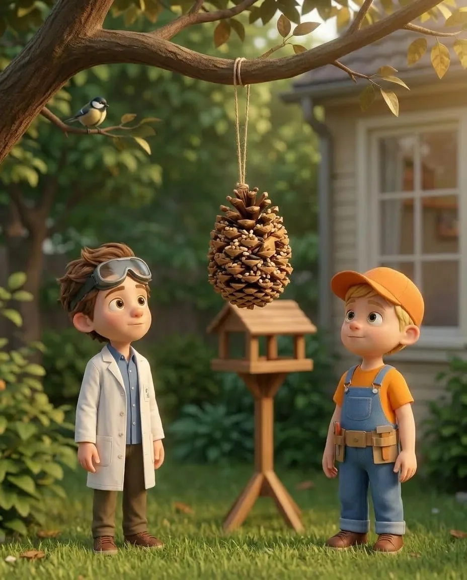 Professor O and Captain A stand quietly together at a peaceful distance in the garden, watching the pinecone bird feeder hang motionless from the…