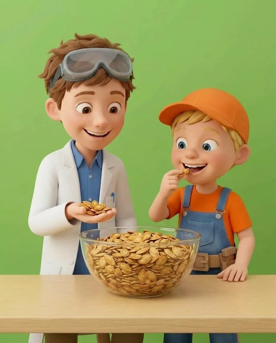 Professor O and Captain A sit together in front of a bowl filled with toasted, golden-brown pumpkin seeds.