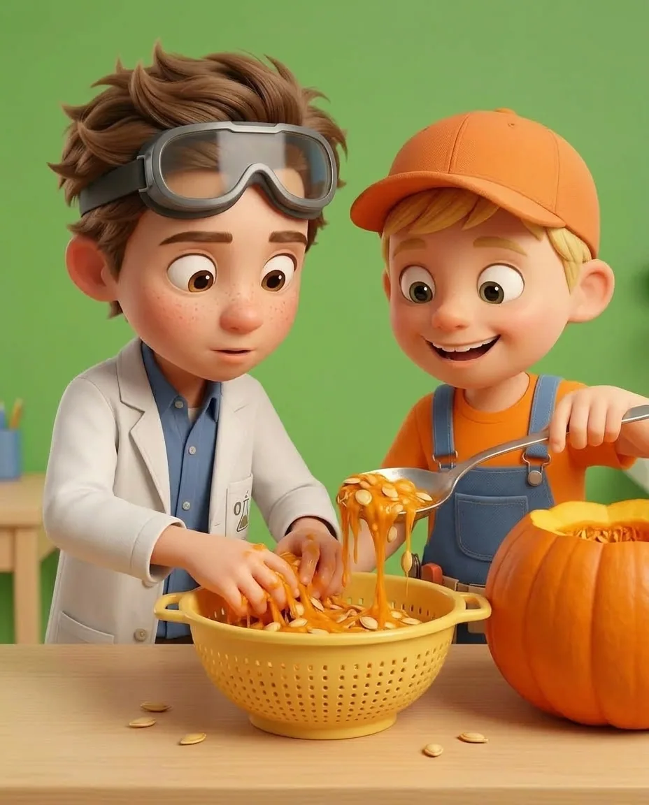 Captain A uses a large spoon to scoop orange stringy pulp and seeds out of the open pumpkin into a plastic colander.