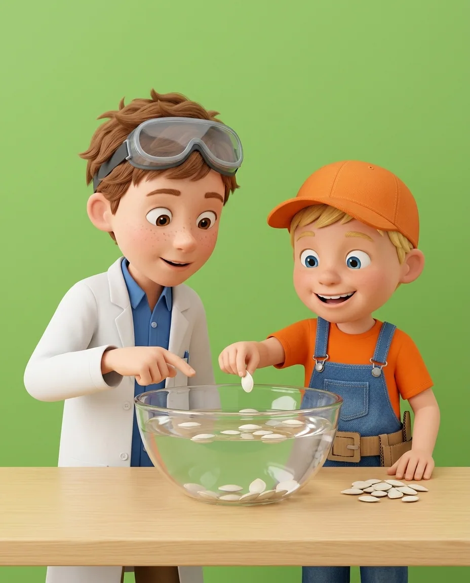 Captain A gently drops clean white pumpkin seeds one by one into a large clear glass bowl filled with water.