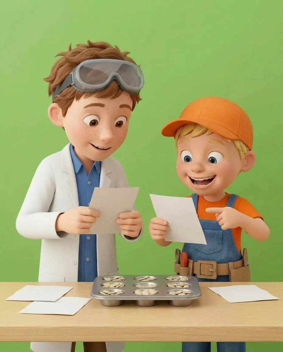 Professor O and Captain A hold up their paper slips with written guesses beside the filled muffin tin.