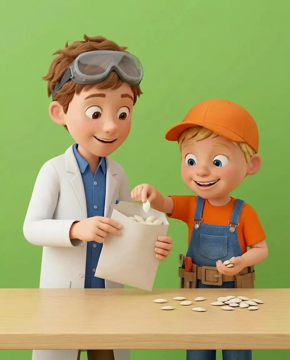 Captain A selects ten of the plumpest white pumpkin seeds from the table and places them inside a paper envelope.