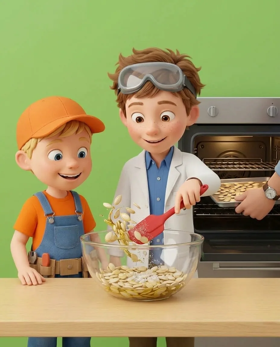 Professor O tosses the remaining pumpkin seeds with a splash of oil and a pinch of salt in a mixing bowl using a spatula.